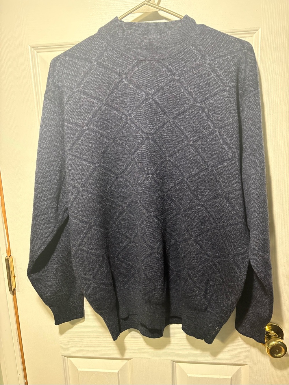 Classic Men's Navy Diamond-Pattern Wool Turtleneck Sweater